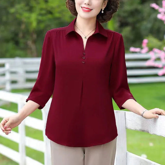 1pcs Woman Summer Solid Blouses Shirt Lady Thin Pullover Shirt Female Casual Half Sleeve Turn-down Collar Loose Top Mom Clothing