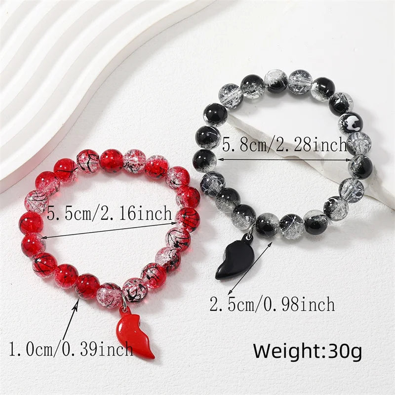 2Pcs Romantic ECG Heart Charms Couple Bracelet For Lover Women Men Magnetic Red Black Beaded Bracelets Party Jewelry Gifts