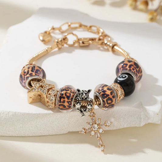 1pc Women's Adjustable Gold Color Leopard Rhinestone 8 Ball Star Cross Charm Bracelet Elegant Jewelry Daily Wear Party Gifts