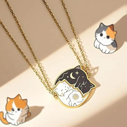 2Pcs Stainless Steel Black White Cat Necklace Love Embrace Cat Matching Couple Pendant Necklaces BFF Jewelry for Women Friend