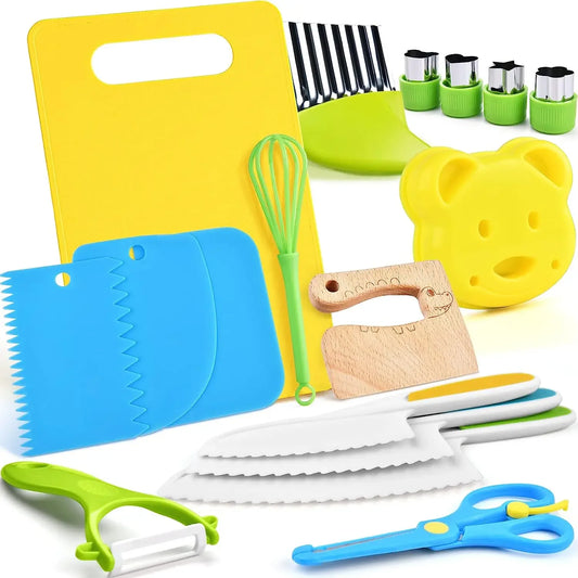 17PCS Kids Cooking Sets Real Cooking Montessori Kitchen Toys for DIY Plastic Kitchen Accessories Tools Toddlers Kids Safe Knives