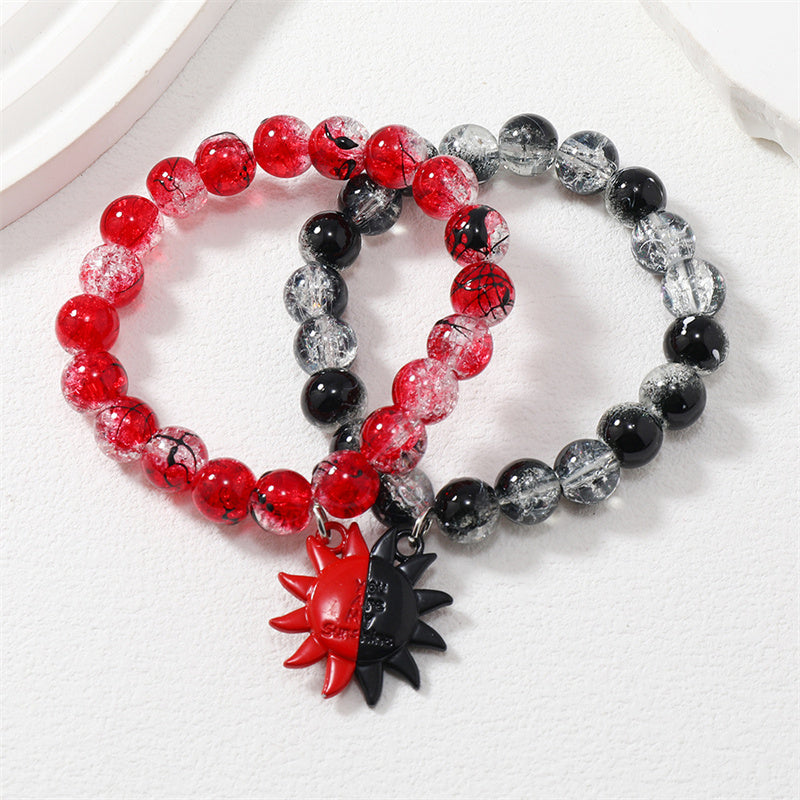 2Pcs Romantic ECG Heart Charms Couple Bracelet For Lover Women Men Magnetic Red Black Beaded Bracelets Party Jewelry Gifts