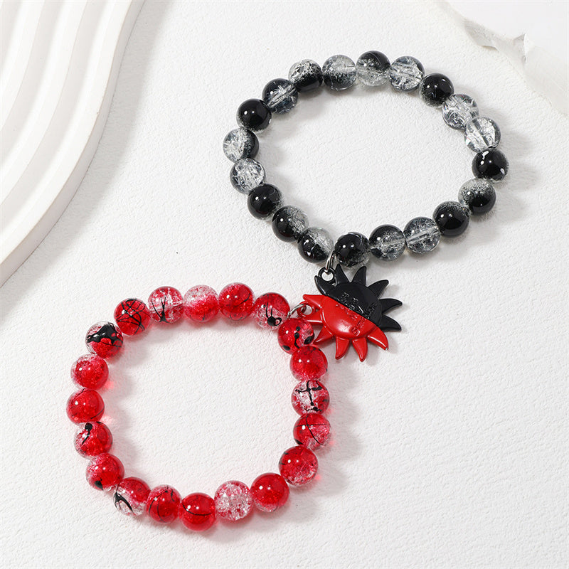 2Pcs Romantic ECG Heart Charms Couple Bracelet For Lover Women Men Magnetic Red Black Beaded Bracelets Party Jewelry Gifts