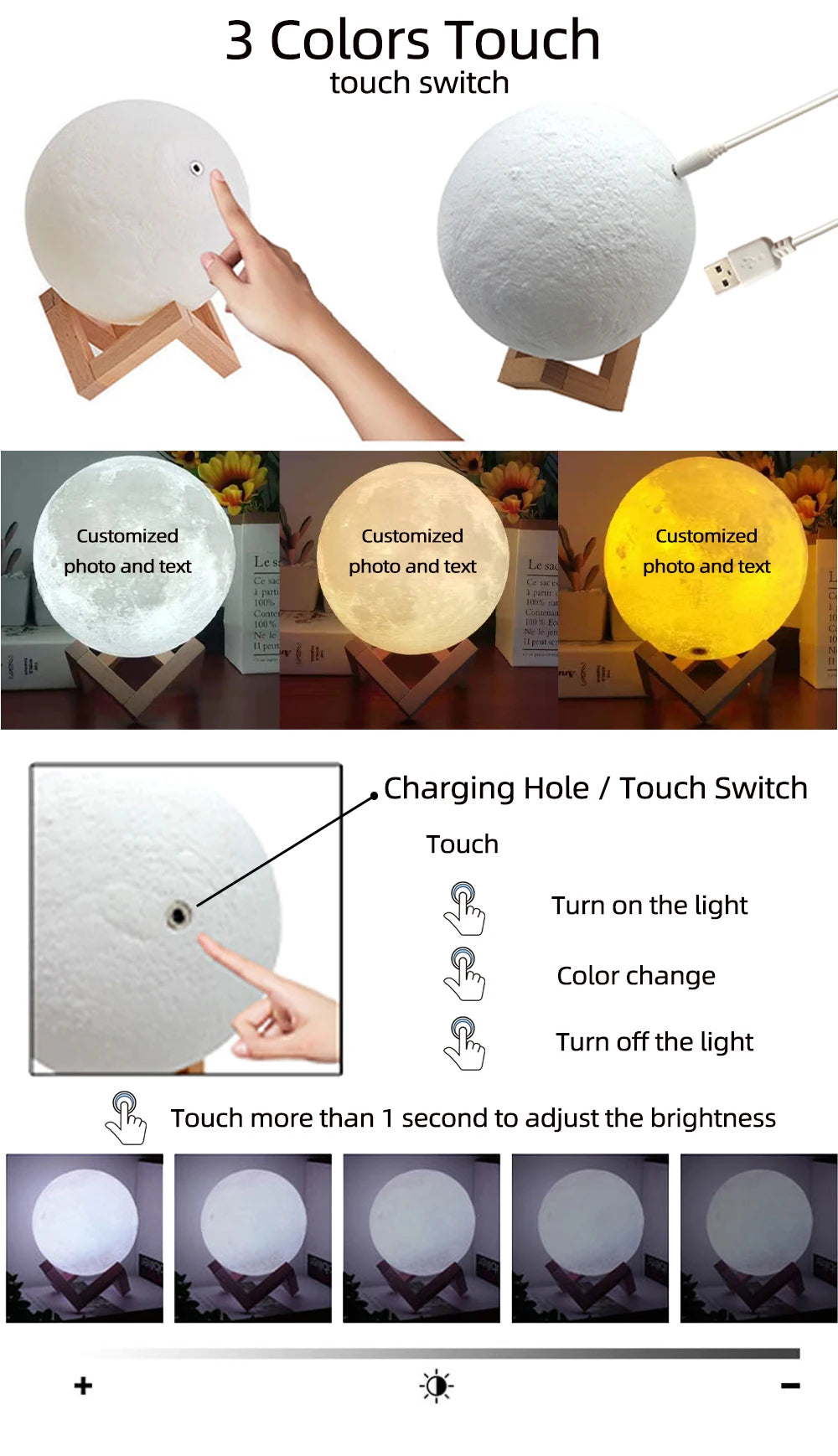 3D Printing Moon Lamp Personalized Photo Text Customized USB Night Light Birthday Mother Day Valentine's Christmas Lunar Gift