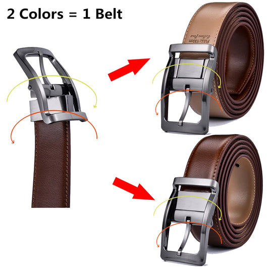 1Pcs Men's Reversible Classic Dress Belt Leather Rotating Buckle Two In One