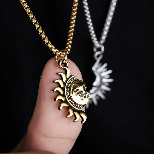 Vintage Sun and Moon Necklace for Men,Stainless Steel Pendant Necklace for Couples, Personalized Simple Jewelry Gift to Him Her