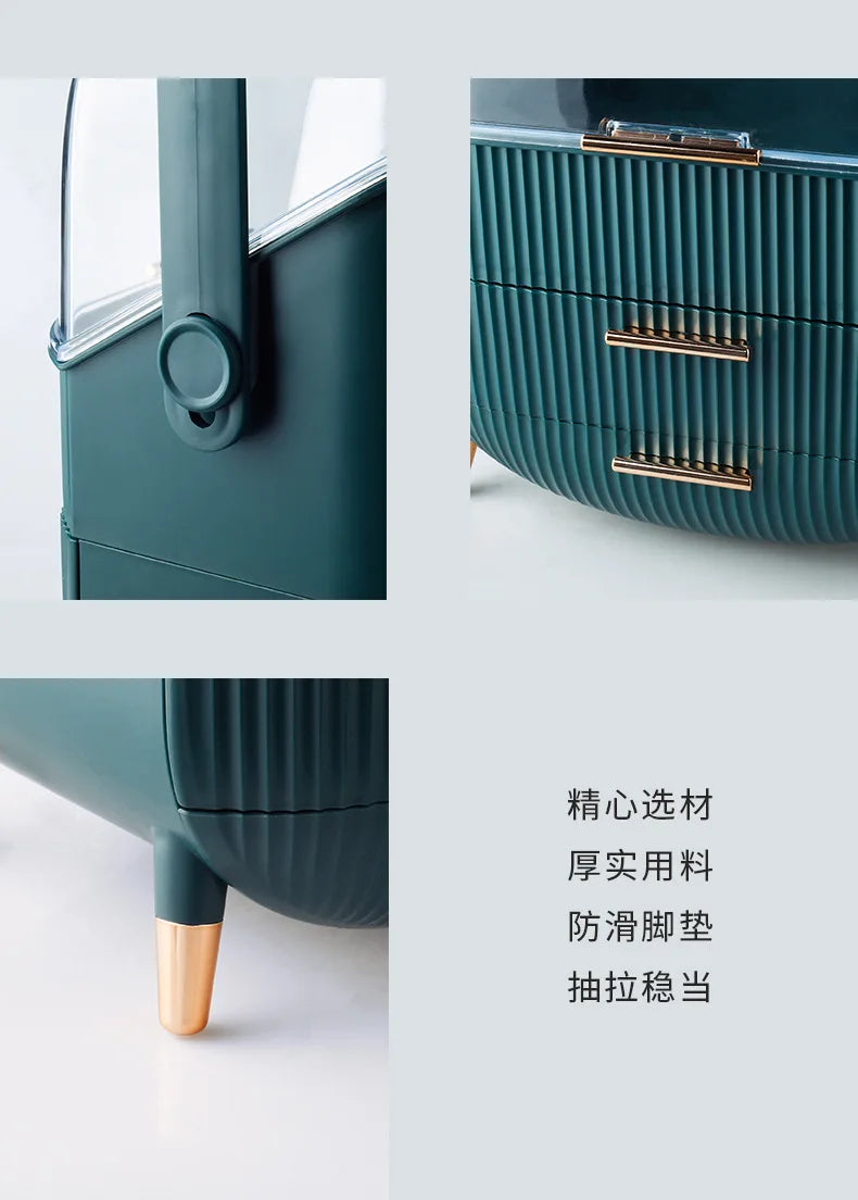 Luxury makeup storage box with lid, large-capacity dustproof cosmetic case for skincare products with handle