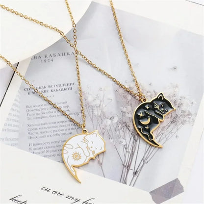 2Pcs Stainless Steel Black White Cat Necklace Love Embrace Cat Matching Couple Pendant Necklaces BFF Jewelry for Women Friend