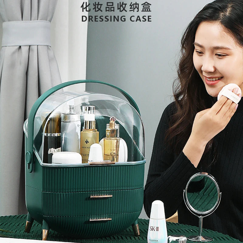 Luxury makeup storage box with lid, large-capacity dustproof cosmetic case for skincare products with handle