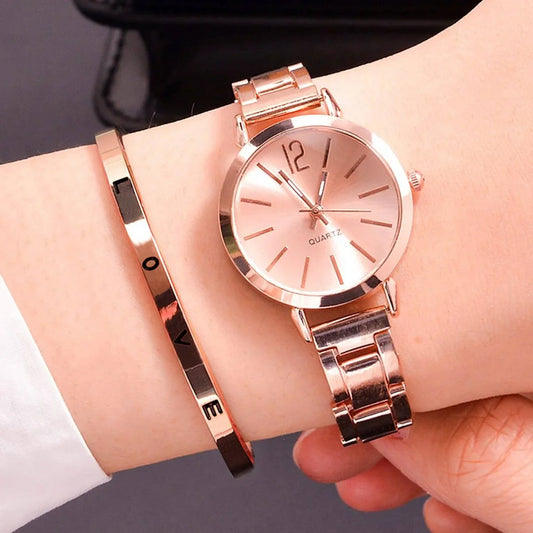 2pcs set simple dial hollow strap watch luxury women's fashion gold bracelet quartz watch student ladies watch