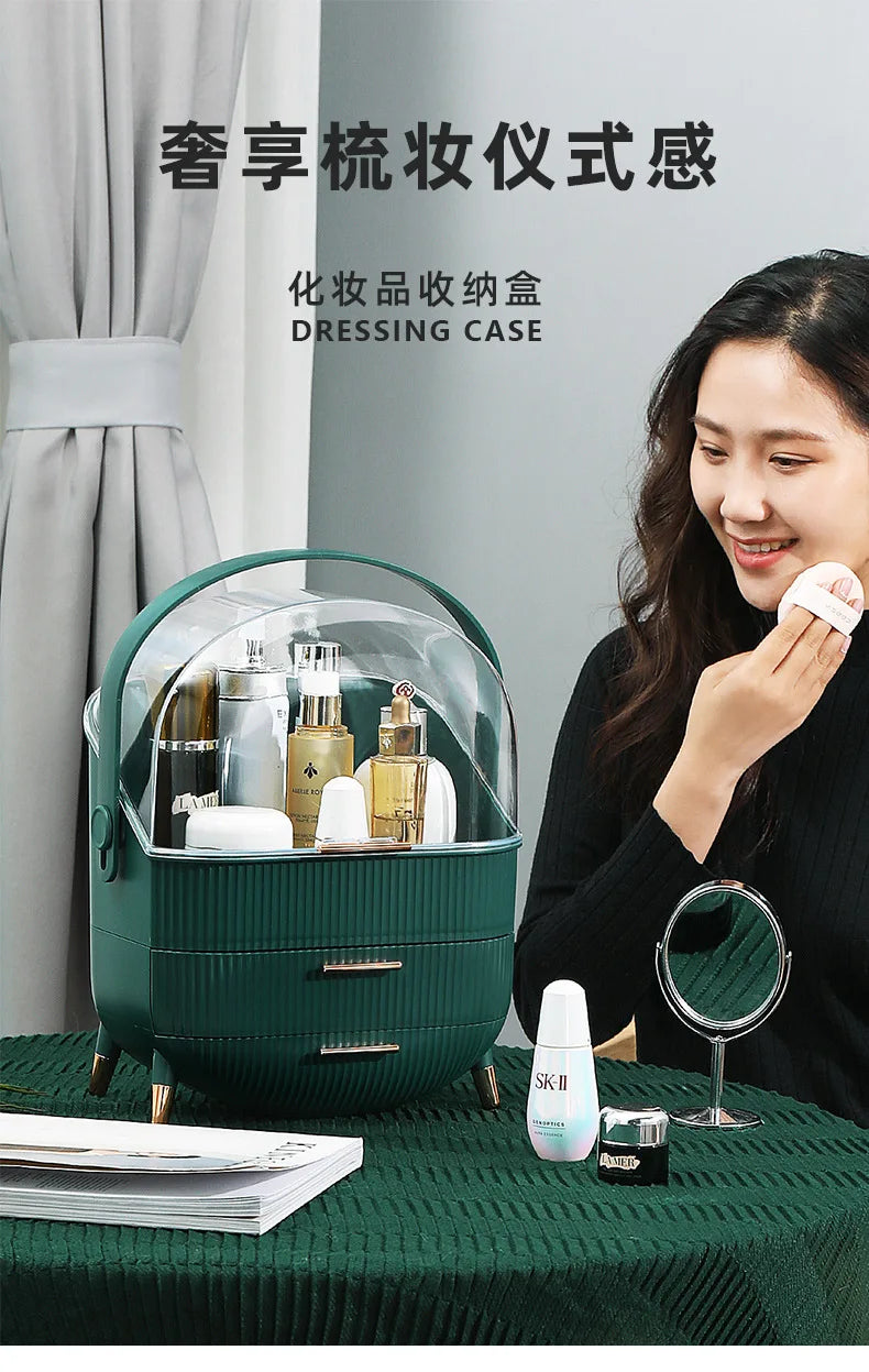 Luxury makeup storage box with lid, large-capacity dustproof cosmetic case for skincare products with handle