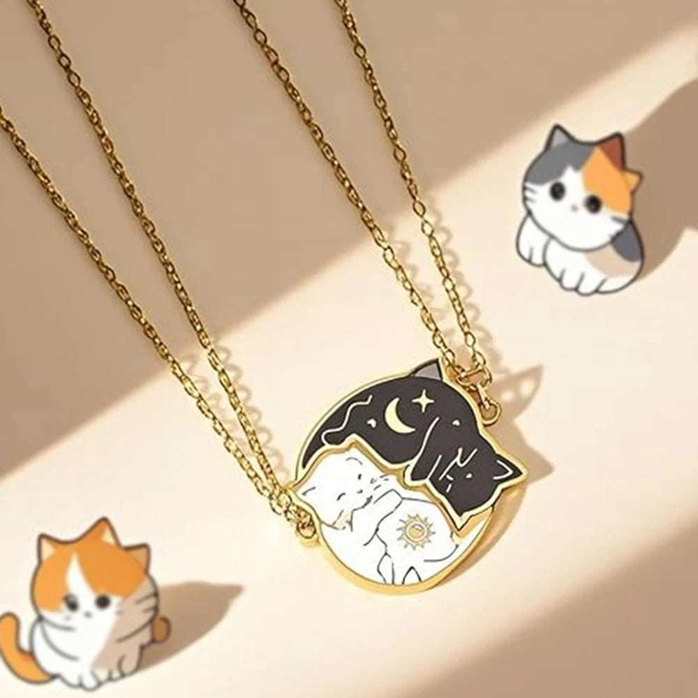 2Pcs Stainless Steel Black White Cat Necklace Love Embrace Cat Matching Couple Pendant Necklaces BFF Jewelry for Women Friend