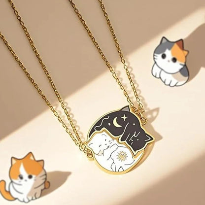 2Pcs Stainless Steel Black White Cat Necklace Love Embrace Cat Matching Couple Pendant Necklaces BFF Jewelry for Women Friend