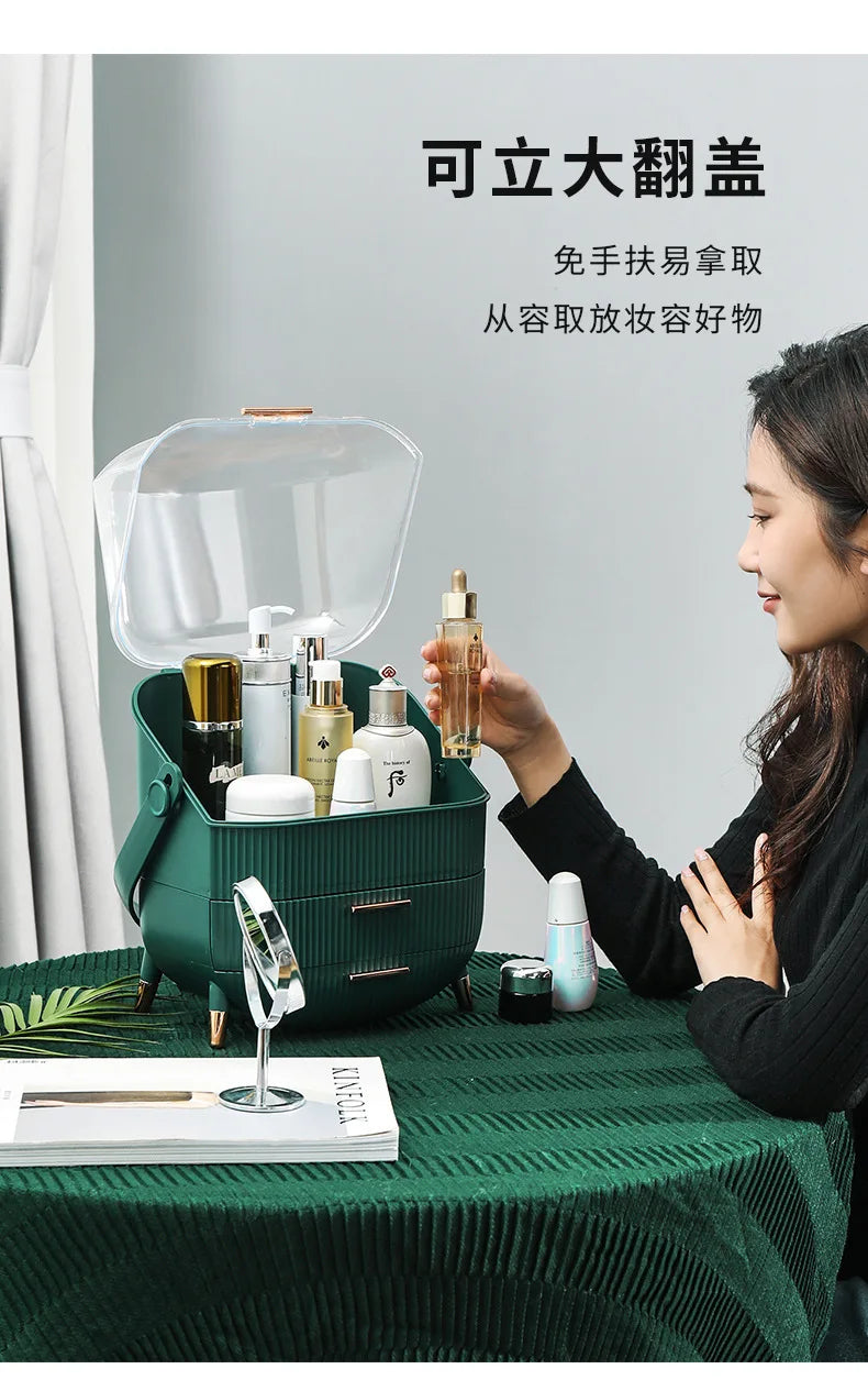 Luxury makeup storage box with lid, large-capacity dustproof cosmetic case for skincare products with handle