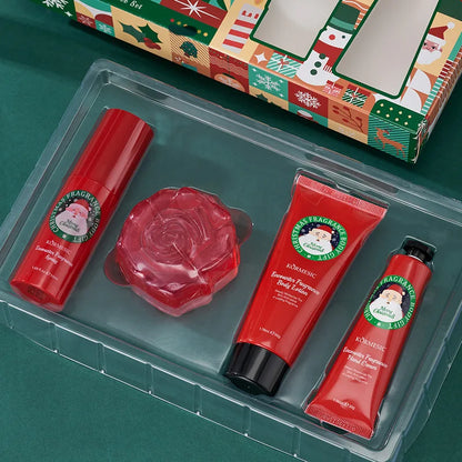 Luxurious complete Christmas gift box, 4-in-1 hand and body care set including moisturizer, body lotion, spray and soap bar
