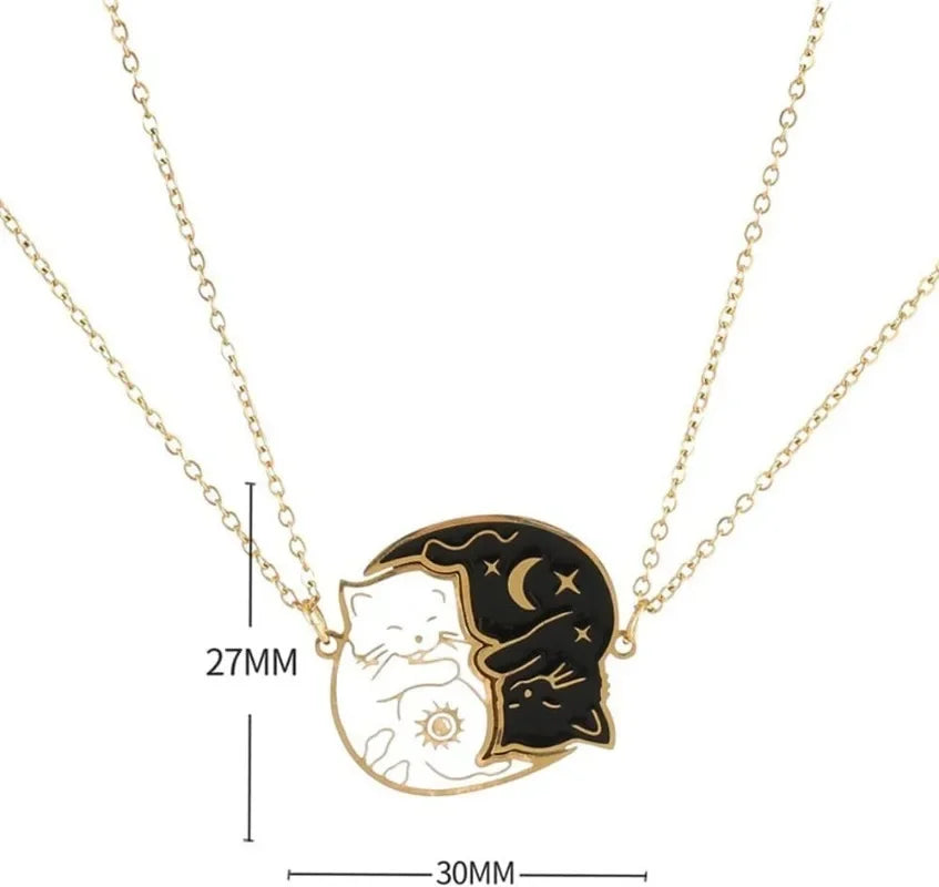 2Pcs Stainless Steel Black White Cat Necklace Love Embrace Cat Matching Couple Pendant Necklaces BFF Jewelry for Women Friend
