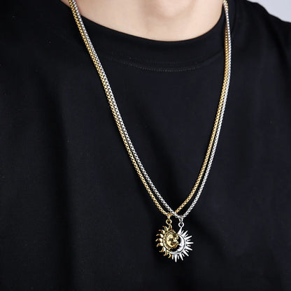 Vintage Sun and Moon Necklace for Men,Stainless Steel Pendant Necklace for Couples, Personalized Simple Jewelry Gift to Him Her