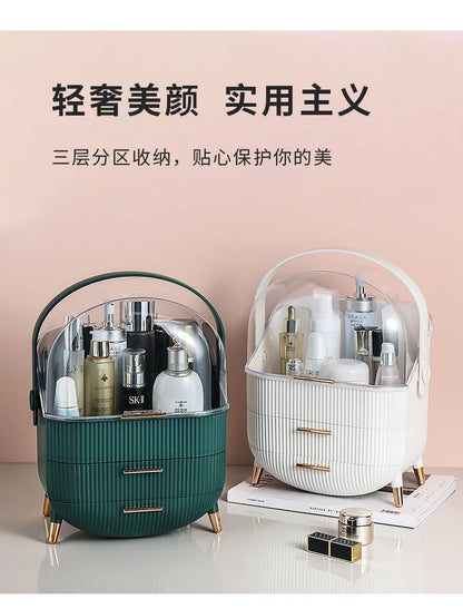 Luxury makeup storage box with lid, large-capacity dustproof cosmetic case for skincare products with handle