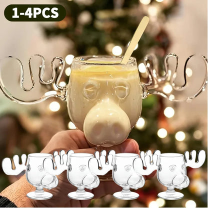 1-4PCS 240ml 8oz Christmas Vacation Moose Mug Christmas Reindeer Head Creative Elk Glass Wine Beer Water Juice Milk Glass