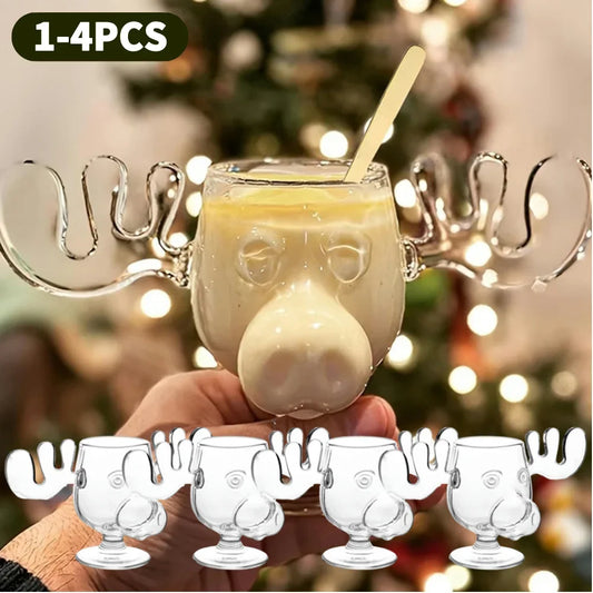 1-4PCS 240ml 8oz Christmas Vacation Moose Mug Christmas Reindeer Head Creative Elk Glass Wine Beer Water Juice Milk Glass