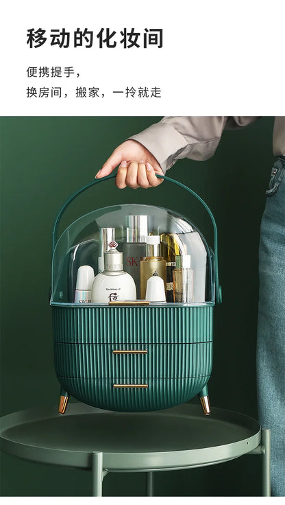 Luxury makeup storage box with lid, large-capacity dustproof cosmetic case for skincare products with handle