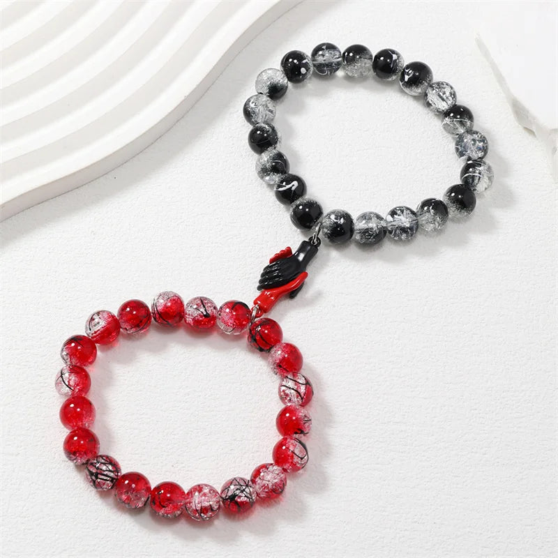 2Pcs Romantic ECG Heart Charms Couple Bracelet For Lover Women Men Magnetic Red Black Beaded Bracelets Party Jewelry Gifts