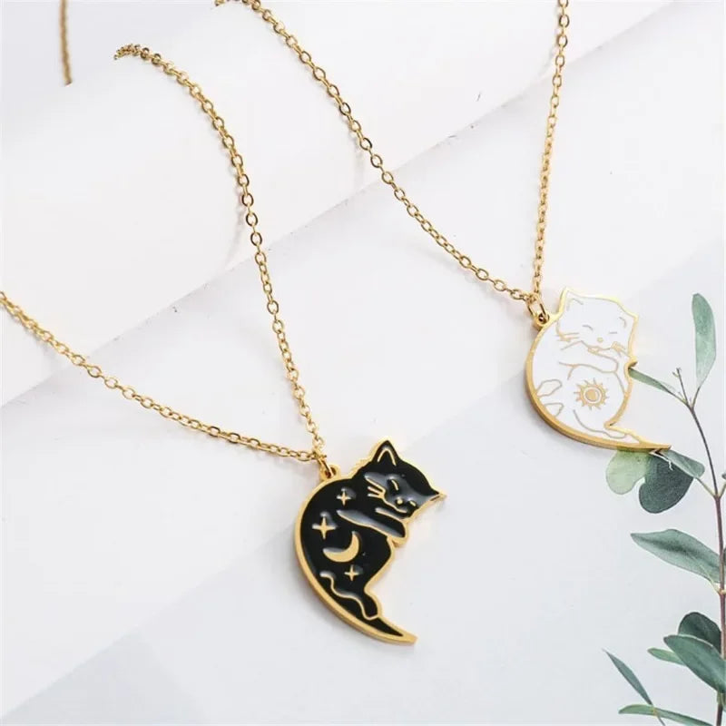 2Pcs Stainless Steel Black White Cat Necklace Love Embrace Cat Matching Couple Pendant Necklaces BFF Jewelry for Women Friend