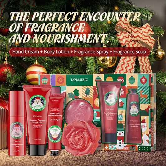 Luxurious complete Christmas gift box, 4-in-1 hand and body care set including moisturizer, body lotion, spray and soap bar