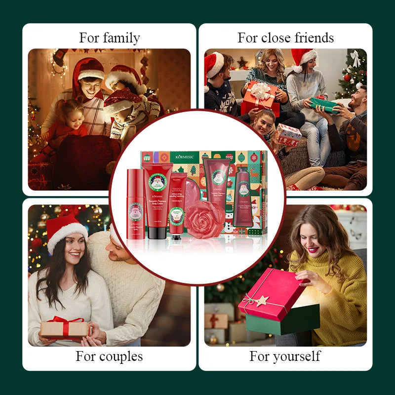 Luxurious complete Christmas gift box, 4-in-1 hand and body care set including moisturizer, body lotion, spray and soap bar
