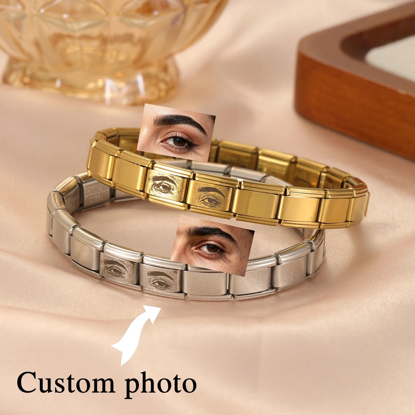 Carved Eye Jewelry Italian Custom Photo Bracelet Stainless Steel Spring Bracelet Personalized Valentine's Day Gift for Couples