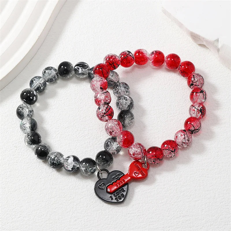 2Pcs Romantic ECG Heart Charms Couple Bracelet For Lover Women Men Magnetic Red Black Beaded Bracelets Party Jewelry Gifts