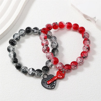 2Pcs Romantic ECG Heart Charms Couple Bracelet For Lover Women Men Magnetic Red Black Beaded Bracelets Party Jewelry Gifts