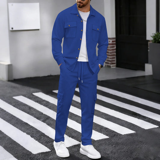 New men's four season outdoor trend casual waffle solid color workwear button pocket lapel jacket workwear pants two-piece set