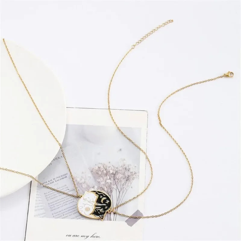 2Pcs Stainless Steel Black White Cat Necklace Love Embrace Cat Matching Couple Pendant Necklaces BFF Jewelry for Women Friend
