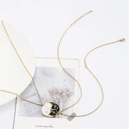 2Pcs Stainless Steel Black White Cat Necklace Love Embrace Cat Matching Couple Pendant Necklaces BFF Jewelry for Women Friend