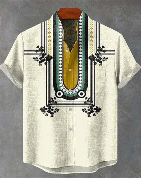 Retro-style men's new linen short-sleeved shirt, casual and fashionable holiday streetwear men's printed shirt, casual ethnic pa