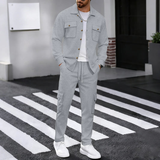 New men's four season outdoor trend casual waffle solid color workwear button pocket lapel jacket workwear pants two-piece set