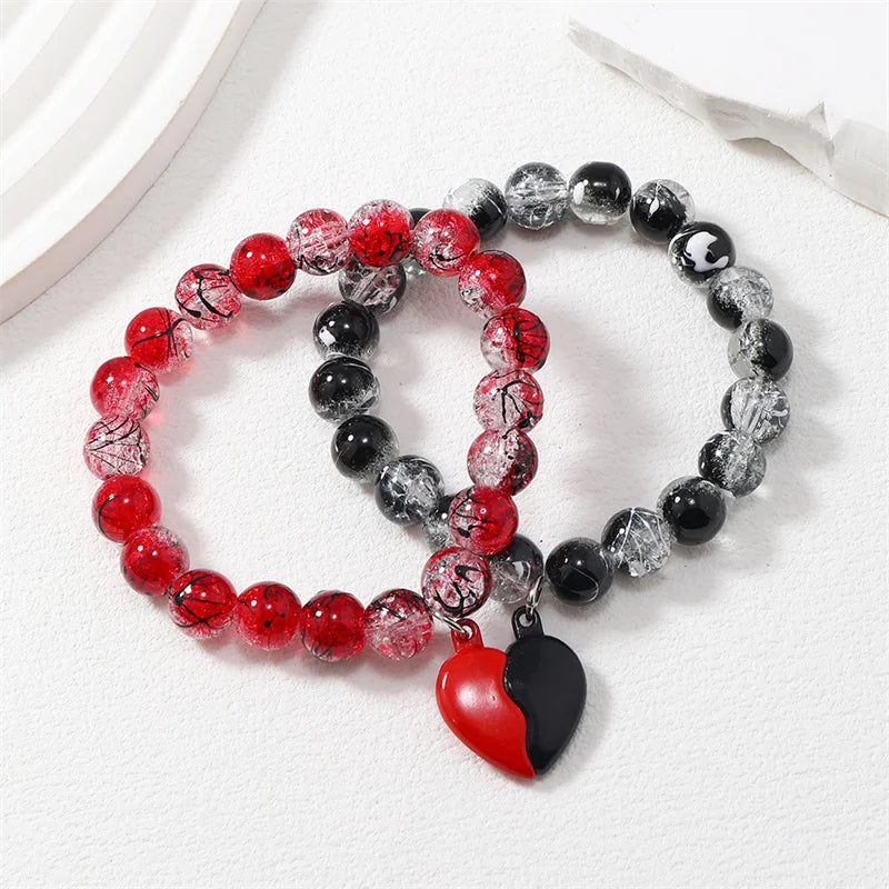 2Pcs Romantic ECG Heart Charms Couple Bracelet For Lover Women Men Magnetic Red Black Beaded Bracelets Party Jewelry Gifts